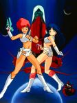  2girls 80s blue_hair boots breasts cleavage dark_skin dirty_pair gloves gun handgun headband highres holding holding_gun holding_weapon holster kei_(dirty_pair) long_hair looking_at_viewer multiple_girls oldschool one_eye_closed open_mouth plant redhead short_hair single_glove smile space_craft takachiho_haruka weapon white_gloves yuri_(dirty_pair) 