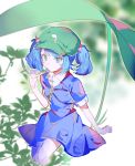  1girl aibivy blue_eyes blue_hair hair_bobbles hair_ornament hat highres kawashiro_nitori key short_hair short_sleeves solo touhou twintails two_side_up 