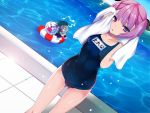  1girl anger_vein bangs blush breasts collarbone commentary_request covered_navel drying dutch_angle erect_nipples eyebrows_visible_through_hair fang fate/grand_order fate_(series) gluteal_fold hair_ribbon helena_blavatsky_(fate/grand_order) innertube lion okuri_banto open_mouth pool purple_hair ribbon school_swimsuit short_hair small_breasts standing swimsuit towel water wet white_towel 