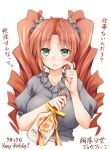  1girl bottle breasts brown_hair character_name commentary copyright_name dated eyebrows_visible_through_hair formation_girls green_eyes hand_on_own_cheek holding holding_bottle josephine_priller kaneda_mitsuko large_breasts long_hair short_sleeves solo twintails upper_body 