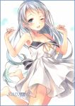  10s 1girl ;d armpits bare_arms bare_legs bare_shoulders barefoot blue_border blue_eyes blue_hair collarbone colored_pencil_(medium) dress folded_leg hands_up jumping kantai_collection long_hair looking_at_viewer marker_(medium) one_eye_closed open_mouth potto ribbon samidare_(kantai_collection) sample simple_background sleeveless sleeveless_dress smile solo traditional_media white_background white_dress yellow_ribbon 