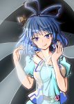  1girl :q bangs blue_dress blue_eyes blue_hair breasts dress flower hagoromo hair_ornament hair_rings hair_stick highres kaku_seiga large_breasts looking_at_viewer open_clothes open_vest oshiaki puffy_short_sleeves puffy_sleeves shawl short_sleeves smile solo tongue tongue_out touhou upper_body vest white_vest 