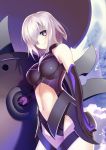  1girl black_gloves black_leotard breasts breasts_apart cowboy_shot day elbow_gloves fate/grand_order fate_(series) gloves hair_over_one_eye holding_shield large_breasts leotard love-saber midriff navel shield shielder_(fate/grand_order) silver_hair smile solo standing stomach violet_eyes 