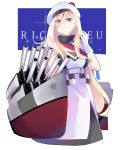  10s 1girl anchor bare_shoulders belt beret blonde_hair cannon character_name dress from_below gloves hair_between_eyes hat highres kantai_collection kimio long_hair looking_at_viewer mole mole_under_eye mole_under_mouth pom_pom_(clothes) richelieu_(kantai_collection) rigging sleeveless sleeveless_dress smile solo strapless turret very_long_hair wavy_hair white_dress white_gloves white_hat yellow_eyes 