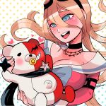  1girl black_scarf blonde_hair blue_eyes blush breasts choker cleavage dangan_ronpa goggles goggles_on_head hair_between_eyes heart holding iruma_miu large_breasts long_hair monotarou_(dangan_ronpa) new_dangan_ronpa_v3 open_mouth pacifier polka_dot polka_dot_background scarf school_uniform shuriken simple_background smile 