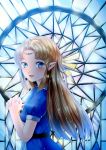  1girl blue_background blue_dress blue_eyes blush brown_hair dress earrings from_side hands_clasped highres jewelry long_hair pointy_ears princess_zelda puffy_short_sleeves puffy_sleeves short_sleeves the_legend_of_zelda the_legend_of_zelda:_a_link_to_the_past tiara wasabi_(legemd) window 