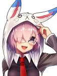  1girl blush breasts eyebrows_visible_through_hair fate/grand_order fate_(series) fou_(fate/grand_order) glasses grey_jacket hair_over_one_eye hood hoodie koruta_(nekoimo) large_breasts long_sleeves looking_at_viewer necktie open_mouth pink_hair red_necktie shielder_(fate/grand_order) simple_background solo violet_eyes white_background 