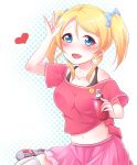  1girl :d alternate_costume alternate_hairstyle ayase_eli black_bra blonde_hair blue_bow blue_eyes bow bra collarbone cosplay hair_bow heart holding long_hair love_live! love_live!_school_idol_project midriff navel off_shoulder open_mouth pink_shirt pipette_(artist) pleated_skirt red_shirt shiny shiny_skin shirt short_sleeves sitting skirt smile solo stomach thigh-highs tied_shirt twintails underwear white_background white_legwear yazawa_nico yazawa_nico_(cosplay) zettai_ryouiki 