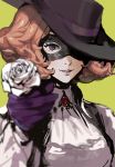  1girl artist_request brown_hair commentary commentary_request domino_mask flower hat holding holding_flower mask okumura_haru persona persona_5 rose short_hair solo white_rose 