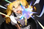  1girl blonde_hair braid dress firing from_above hat henpei_saboten kirisame_marisa long_hair looking_at_viewer magic open_mouth smile solo touhou witch_hat yellow_eyes 