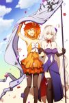  2girls :d ahoge black_gloves black_legwear blue_sky closed_eyes clouds dress elbow_gloves fate_(series) flag flower fujimaru_ritsuka_(female) gloves hair_flower hair_ornament jeanne_alter locked_arms long_hair looking_at_viewer multiple_girls oiun open_mouth orange_dress orange_gloves orange_hair pantyhose petals purple_dress ruler_(fate/apocrypha) sky smile standing thigh-highs very_long_hair white_hair yuri 