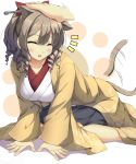  /\/\/\ 10s 1girl :d ^_^ absurdres afterimage all_fours animal_ears blue_eyes blush bow breasts brown_hair cat_ears cat_tail closed_eyes drill_hair full_body hair_between_eyes hair_bow hatakaze_(kantai_collection) high_ponytail highres japanese_clothes kantai_collection kemonomimi_mode kimono large_breasts motion_lines one_eye_closed open_mouth petting red_bow sheita short_ponytail smile solo_focus tail tail_wagging 