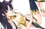  1girl barefoot black_hair black_legwear blush breasts cleavage closed_mouth earrings eyebrows_visible_through_hair fate/grand_order fate_(series) hoshimiya_mashiro ishtar_(fate/grand_order) jewelry large_breasts long_hair looking_at_viewer navel red_eyes smile solo thigh-highs tohsaka_rin 