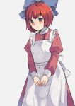  1girl alternate_costume apron blue_bow bow enmaided hair_bow long_sleeves looking_at_viewer maid puffy_long_sleeves puffy_sleeves red_eyes redhead sekibanki short_hair shukinuko simple_background solo touhou white_background wrist_cuffs 