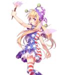  1girl aibivy american_flag_dress american_flag_legwear blonde_hair clownpiece fairy_wings hat highres jester_cap long_hair neck_ruff polka_dot print_legwear solo star star_print thigh-highs torch touhou violet_eyes wings 