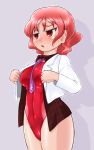  1girl between_breasts blazer competition_swimsuit cowboy_shot dress_shirt highleg highleg_swimsuit horikawa_raiko jacket necktie necktie_between_breasts one-piece_swimsuit purple_necktie red_eyes red_swimsuit redhead shadow shirt short_hair solo swimsuit touhou winn 