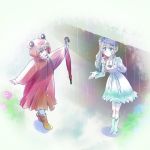  2girls blue_eyes boots check_commentary commentary_request frog_raincoat grey_eyes highres iesupa multiple_girls rain raincoat redhead ruby_rose rwby scar scar_across_eye umbrella water_drop weiss_schnee white_hair 