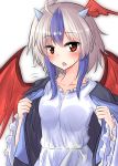  1girl bird_wings blue_hair blush breasts collarbone cowboy_shot dress frilled_sleeves frills head_wings highres long_sleeves looking_at_viewer medium_breasts multicolored_hair open_clothes open_mouth oshiaki red_eyes silver_hair single_head_wing solo sweat tokiko_(touhou) touhou two-tone_hair undressing white_dress wide_sleeves wings 