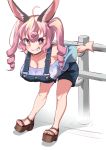  1girl animal_ears bent_over breasts cleavage drill_hair grin large_breasts looking_at_viewer original overalls pink_hair sandals smile solo teeth twin_drills violet_eyes yana_(nekoarashi) 