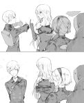  1boy 2girls android bare_shoulders black_gloves blush breasts closed_eyes elbow_gloves gloves headband highres long_hair middle_finger mole mole_under_mouth monochrome multiple_girls nier_(series) nier_automata pullssack short_hair silver_hair smile yorha_no._2_type_b yorha_no._9_type_s yorha_type_a_no._2 