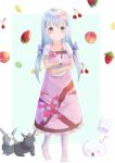  1girl alternate_hairstyle anko_(gochiusa) apron blue_bow blue_eyes blue_hair blush bow bowl cherry closed_mouth collarbone eyebrows_visible_through_hair food fruit gochuumon_wa_usagi_desu_ka? hair_bow hair_ornament holding holding_bowl kafuu_chino lemon looking_at_viewer miki_yuu mixing_bowl pink_bow smile strawberry twintails whisk wild_geese x_hair_ornament 