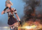 1girl absurdres black_gloves breasts character_request closed_mouth collarbone eyebrows_visible_through_hair fire girls_frontline gloves grey_hair highres ina_(inadiary) large_breasts looking_away short_hair solo yellow_eyes 