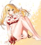  1girl ahoge bikini blonde_hair blush breasts eyebrows_visible_through_hair fate/grand_order fate_(series) green_eyes hand_in_hair long_hair medium_breasts meoneo nero_claudius_(swimsuit_caster)_(fate) saber_extra side-tie_bikini sitting solo sparkle striped striped_bikini swimsuit twintails 