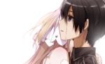  1boy 1girl asuna_(sao) black_hair brown_hair couple crying crying_with_eyes_open hug kirito long_hair parted_lips portrait simple_background sword_art_online tears violet_eyes white_background yoru_kiri 