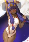  1girl animal_ears arm_up armpits artist_name bed_sheet blush breasts closed_mouth covered_navel cowboy_shot earrings eyebrows_visible_through_hair fate/grand_order fate_(series) hair_tubes hairband highres hoop_earrings jewelry long_hair looking_at_viewer medium_breasts necklace nitocris_(swimsuit_assassin)_(fate) one-piece_swimsuit purple_hair sheet_grab sidelocks smile solo swimsuit very_long_hair violet_eyes white_swimsuit wristband yang-do 
