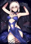  1girl ahoge armpits arms_up artoria_pendragon_(all) black_gloves blonde_hair blue_dress breasts choker commentary_request dress fate/grand_order fate_(series) gloves looking_at_viewer matarou_(genkai_toppa) medium_breasts navel navel_cutout saber solo tiara yellow_eyes 