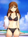  1girl bikini black_bikini breasts brown_eyes brown_hair clouds cowboy_shot highres idolmaster idolmaster_cinderella_girls long_hair looking_at_viewer medium_breasts navel nitta_minami o-ring_bottom o-ring_top sakaki_imasato side-tie_bikini sky solo swimsuit towel 