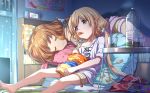  2girls :3 barefoot bed blonde_hair blush bottle brown_eyes brown_hair chips closed_eyes closed_mouth cup facing_another food futaba_anzu hair_bobbles hair_ornament idolmaster idolmaster_cinderella_girls long_hair looking_at_another lying moroboshi_kirari multiple_girls on_side potato_chips sitting smile table twintails zattape 