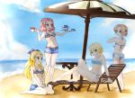  4girls arm_support assam bangs beach beach_chair beach_umbrella bikini black_bow black_ribbon blonde_hair blue_bikini blue_eyes blue_shorts bow braid breasts brown_eyes closed_mouth clouds cloudy_sky commentary_request cup darjeeling day denim denim_shorts from_behind girls_und_panzer hair_bow hair_pulled_back hair_ribbon highres holding leaning_back long_hair looking_at_another looking_at_viewer lying medium_breasts multiple_girls navel ocean on_back open_mouth orange_hair orange_pekoe outdoors parted_bangs redhead ribbon rosehip sand saucer shade short_hair short_shorts shorts side-tie_bikini sitting sky smile standing striped striped_bikini swimsuit teacup tied_hair toon_(noin) tray twin_braids umbrella unzipped wariza 