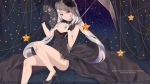  1girl 2017 artist_name bare_shoulders black_dress black_gloves black_rose black_shoes blue_eyes blush breasts constellation copyright_name curtains dress elleco_(bcf159) english eyebrows_visible_through_hair fan fate/grand_order fate_(series) floral_print flower folding_fan gloves hair_between_eyes hair_flower hair_ornament head_tilt high_heels highres holding holding_fan holding_umbrella jewelry long_hair looking_at_viewer marie_antoinette_(fate/grand_order) medium_breasts necklace number parted_lips rose shoes sitting smile solo star strapless strapless_dress twintails umbrella very_long_hair white_hair 