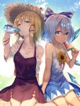  2girls bare_arms bare_shoulders blonde_hair blue_bow blue_dress blue_eyes blue_hair bow bright_pupils cirno collarbone commentary_request dress drinking flower food hair_bow hair_ribbon hat highres ice ice_wings long_hair moriya_suwako multiple_girls popsicle purple_skirt ramune red_ribbon ribbon short_dress short_hair sidelocks sitting skirt skirt_set straw_hat summer sunflower sweat tan tanned_cirno touhou tress_ribbon uu_uu_zan vest watermelon_bar wings yellow_eyes 