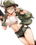  1girl baseball_cap belt breasts brown_eyes brown_hair fio_germi glasses gun hat highres metal_slug midriff military navel nishiide_kengorou ponytail shorts solo vest weapon 