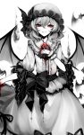  1girl absurdres ascot blood bow brooch dress frilled_shirt_collar frilled_sleeves frills hat hat_bow highres jewelry limited_palette mob_cap monochrome red_eyes remilia_scarlet sash sheya touhou wide_sleeves wings wrist_cuffs 