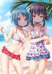  2girls akemi_homura bangs beach bikini bikini_skirt black_hair blue_hair blue_skirt blue_sky blush breasts clouds cloudy_sky day double_v eyebrows_visible_through_hair grin highres looking_at_viewer mahou_shoujo_madoka_magica medium_breasts microskirt miki_sayaka multiple_girls one-piece_swimsuit outdoors palm_tree parted_lips red_skirt rin2008 short_hair sidelocks skirt sky smile standing striped striped_bikini swimsuit tree v violet_eyes wet white_bikini white_swimsuit 