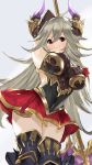  1girl ahoge arm_up armpits axe black_legwear blush breastplate breasts doraf granblue_fantasy greaves grey_hair hair_between_eyes highres hips horns large_breasts long_hair looking_at_viewer nemun_(tamizzz) perky_breasts red_eyes red_skirt sarasa_(granblue_fantasy) skirt smile solo thigh-highs thighs very_long_hair waist weapon zettai_ryouiki 