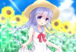  1girl blush day dress dress_lift flower gochuumon_wa_usagi_desu_ka? hair_ornament hairclip hat kafuu_chino kouda_suzu lifted_by_self long_hair open_mouth outdoors purple_hair sleeveless sleeveless_dress smile solo sun_hat sundress sunflower upper_body violet_eyes white_dress 