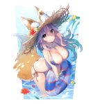  1girl animal_ears arched_back ass bangs bare_arms bare_shoulders bikini blue_bikini bracelet breasts chiericyan cleavage closed_mouth fate_(series) flower fox_ears fox_tail from_above hat hat_flower hibiscus innertube jewelry large_breasts long_hair looking_at_viewer pink_hair red_flower side-tie_bikini smile solo standing straw_hat swimsuit tail tamamo_(fate)_(all) tamamo_no_mae_(swimsuit_lancer)_(fate) v_arms wading yellow_eyes 