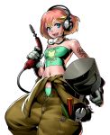  1girl gloves goggles goggles_around_neck headphones jumpsuit jumpsuit_pull metal_slug metal_slug_attack midori_(metal_slug) midriff official_art orange_hair short_hair skull_tattoo strapless tattoo tools tubetop welding_mask welding_torch 