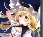  1girl blonde_hair braid breasts crying crying_with_eyes_open hat kirisame_marisa messy_hair open_clothes open_shirt puffy_short_sleeves puffy_sleeves shanghai_bisu shirt short_sleeves side_braid single_braid small_breasts solo tears touhou witch_hat yellow_eyes 