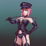  1girl boots corset dark_persona dominatrix elbow_gloves fate/grand_order fate_(series) gloves gradient gradient_background hair_over_one_eye hand_on_hip hat highres leebigtree peaked_cap pink_eyes pink_hair riding_crop shielder_(fate/grand_order) simple_background thigh-highs thigh_boots 