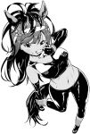  10s 1girl animal_ears ankle_grab bangs breasts brown_thoroughbred_(kemono_friends) elbow_gloves fingerless_gloves foreshortening from_above fukushima_masayasu gloves greyscale hair_ornament halftone hand_to_own_mouth highres horse_ears horse_tail japan_racing_association kemono_friends leg_up leg_warmers long_hair looking_at_viewer medium_breasts midriff monochrome navel o-ring simple_background smile solo sports_bra swept_bangs tail v white_background 