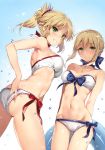  2girls absurdres armpit_peek arms_behind_back artoria_pendragon_(all) ass bandeau bangs bare_arms bare_shoulders beads bikini blonde_hair blue_bow blue_ribbon blush bow bow_bikini braid breasts collarbone cowboy_shot detexted eyebrows_visible_through_hair fate/apocrypha fate/stay_night fate_(series) french_braid from_below gluteal_fold gradient gradient_background green_eyes grin groin hair_beads hair_ornament hair_ribbon hand_in_swimsuit highres innertube long_hair looking_at_viewer looking_down medium_breasts multiple_girls navel neck_ribbon ponytail red_bow revision ribbon saber saber_of_red scan side-tie_bikini smile swimsuit water_drop white_bikini yuran 