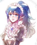  1girl blue_eyes blue_hair blush cosplay felicia_(fire_emblem_if) felicia_(fire_emblem_if)_(cosplay) fire_emblem fire_emblem:_kakusei fire_emblem_if liefe looking_at_viewer lucina maid maid_cap pointy_ears ponytail simple_background smile white_background 