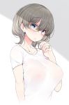  1girl arm_behind_back bangs blue_eyes blush breasts brown_hair collarbone commentary eyebrows_visible_through_hair eyelashes fingernails glasses hair_between_eyes half-closed_eyes hand_to_own_mouth hand_up jewelry large_breasts long_fingernails looking_at_viewer nail_polish nekoume no_bra original pink_nails ring see-through shirt short_hair short_sleeves solo upper_body wedding_band wet wet_clothes wet_shirt white_shirt 