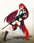  1girl 92m bangs belt bipod black_boots black_gloves blue_eyes boots breasts character_name closed_mouth copyright_name crop_top error fingerless_gloves floating_hair full_body girls_frontline gloves gun hair_between_eyes highres jacket knee_boots kneehighs load_bearing_equipment long_hair looking_at_viewer medium_breasts midriff official_art open_clothes open_jacket pouch redhead rifle scope shadow short_shorts shorts single_kneehigh single_thighhigh sniper_rifle solo t-5000_(girls_frontline) thigh-highs thigh_strap trigger_discipline tsurime turtleneck very_long_hair watermark weapon web_address white_shorts 