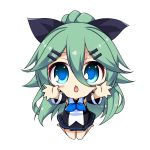  10s 1girl :o bare_legs big_eyes black_ribbon black_skirt blue_eyes blue_neckerchief blush carry_me chibi commentary detached_sleeves eyebrows_visible_through_hair green_hair hair_between_eyes hair_ornament hair_ribbon hairclip kantai_collection long_hair looking_at_viewer neckerchief open_mouth outstretched_arms peta_(taleslove596) pleated_skirt ribbon school_uniform seiza serafuku sitting skirt solo wariza yamakaze_(kantai_collection) 